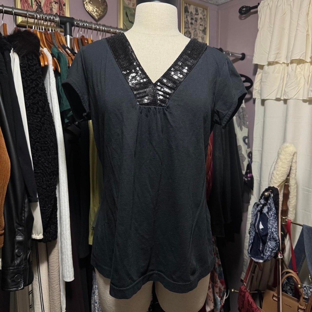 Black Sequin V-Neck Party Top